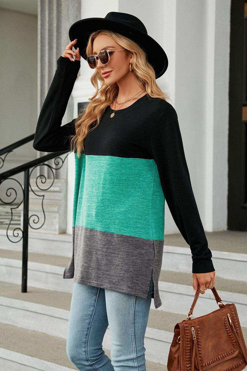 Color Block Round Neck Long Sleeve Slit T-Shirt - Trendsi - Flyclothing LLC