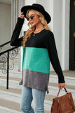 Color Block Round Neck Long Sleeve Slit T-Shirt - Trendsi - Flyclothing LLC