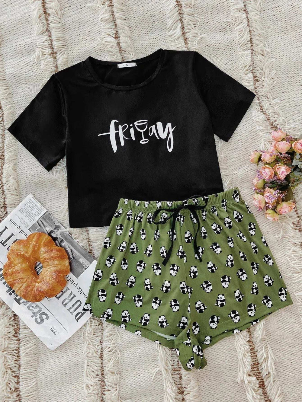 Graphic Tee and Panda Print Shorts Lounge Set - Trendsi - Flyclothing LLC