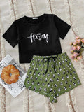 Graphic Tee and Panda Print Shorts Lounge Set - Trendsi - Flyclothing LLC