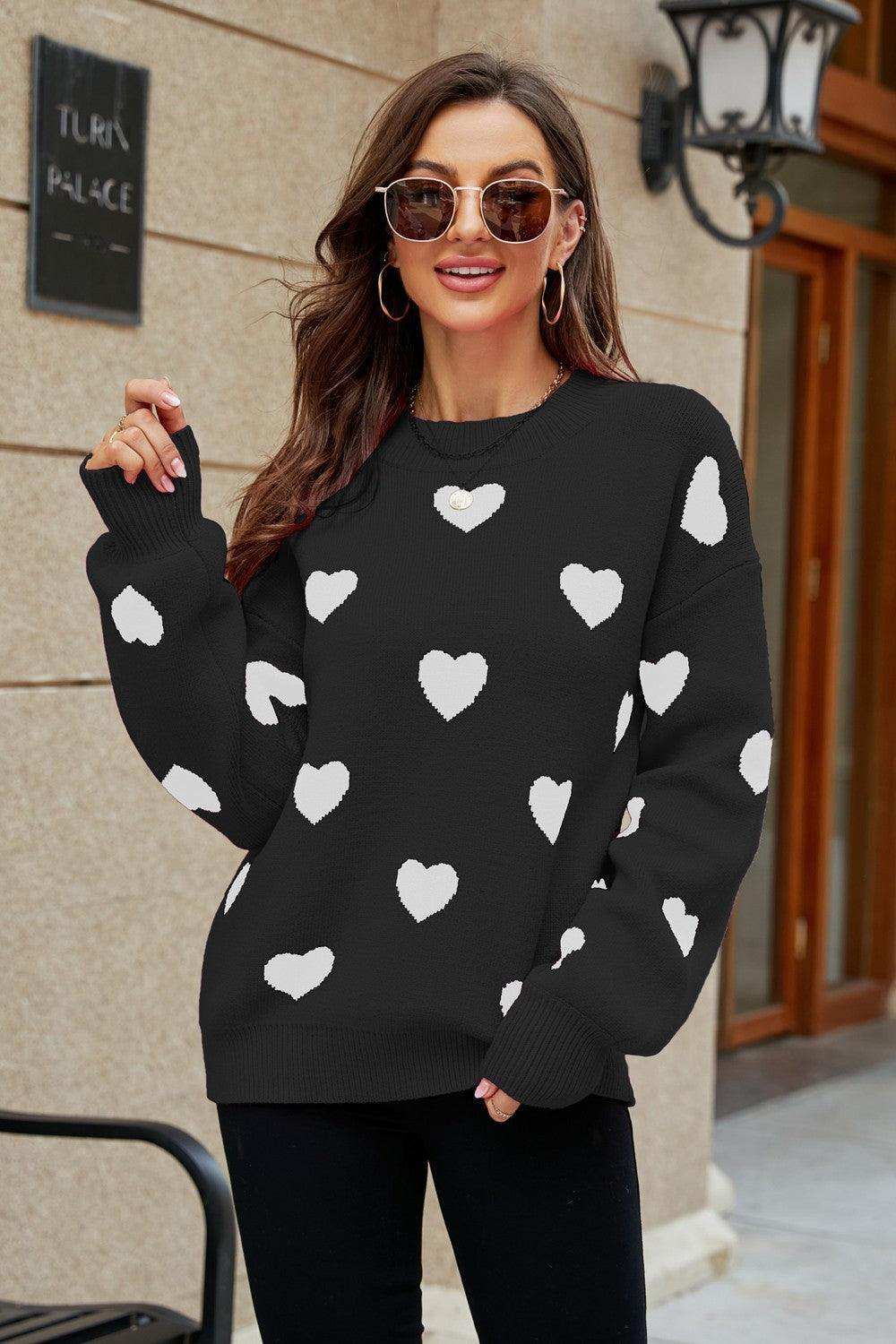 Heart Pattern Lantern Sleeve Round Neck Tunic Sweater - Trendsi - Flyclothing LLC