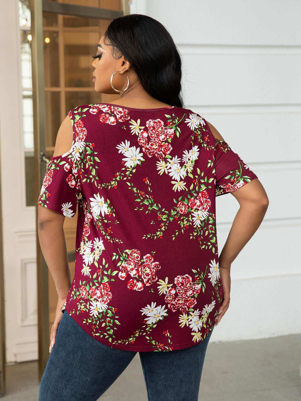Plus Size Cold-Shoulder Round Neck Curved Hem Tee - Trendsi - Flyclothing LLC