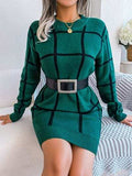 Plaid Round Neck Dropped Shoulder Sweater Dress - Trendsi - Flyclothing LLC