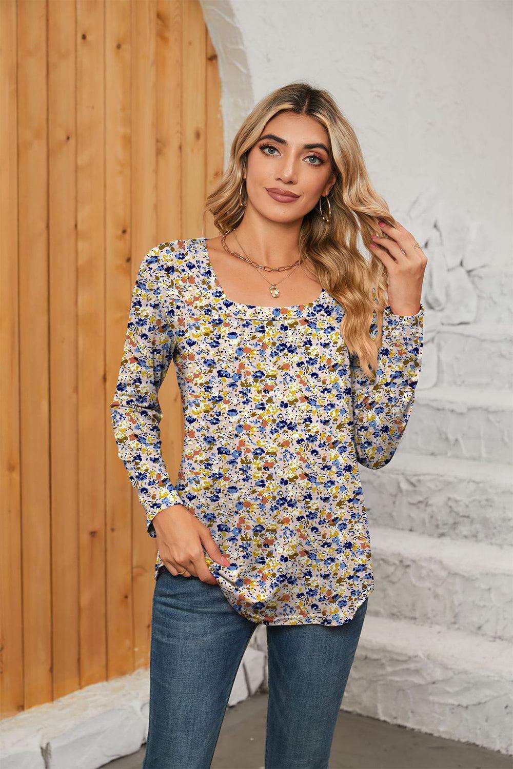 Printed Square Neck Long Sleeve Blouse - Trendsi - Flyclothing LLC