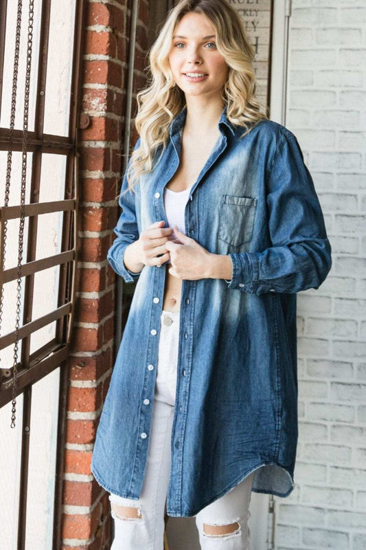 Veveret Pocketed Button Up Washed Denim Shirt - Trendsi - Flyclothing LLC