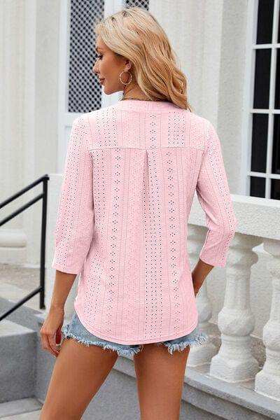 Eyelet Notched Knit Jacquard Top - Trendsi - Flyclothing LLC