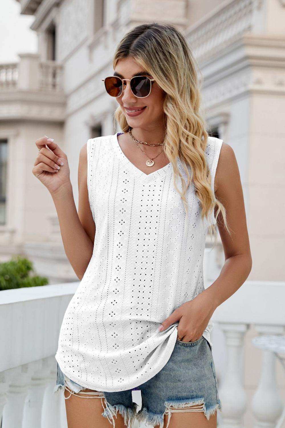Eyelet V-Neck Tank - Trendsi - Flyclothing LLC