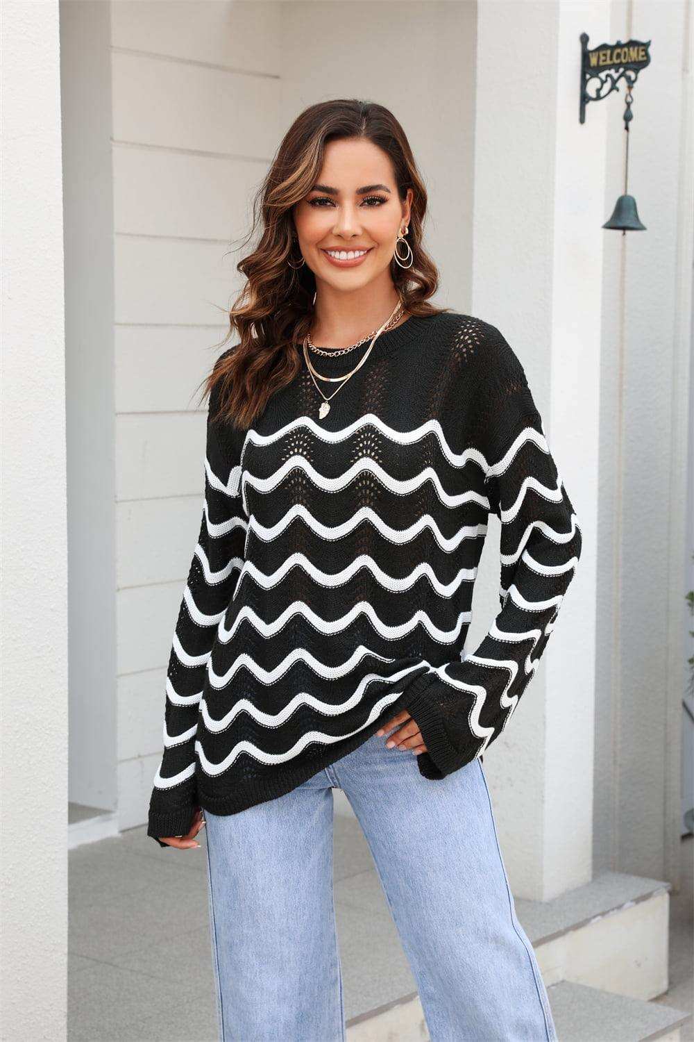 Wave Pattern Round Neck Long Sleeve Sweater - Trendsi - Flyclothing LLC