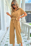 Tie Belt Buttoned Short Sleeve Collared Neck Jumpsuit - Trendsi - Flyclothing LLC