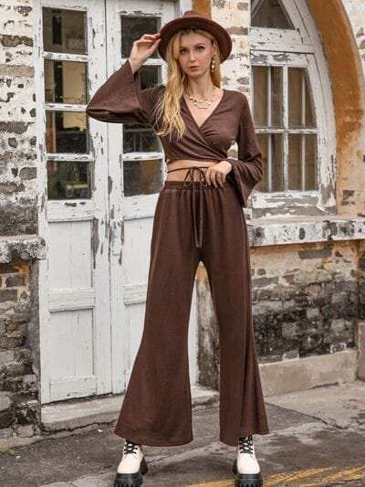 Tied Flare Sleeve Top and Pants Set - Trendsi - Flyclothing LLC