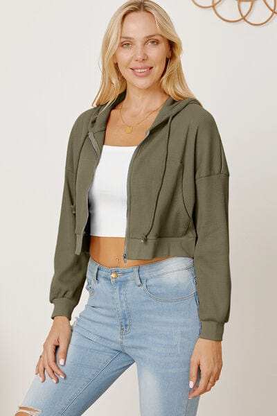 Waffle-Knit Drawstring Zip Up Hoodie - Trendsi - Flyclothing LLC