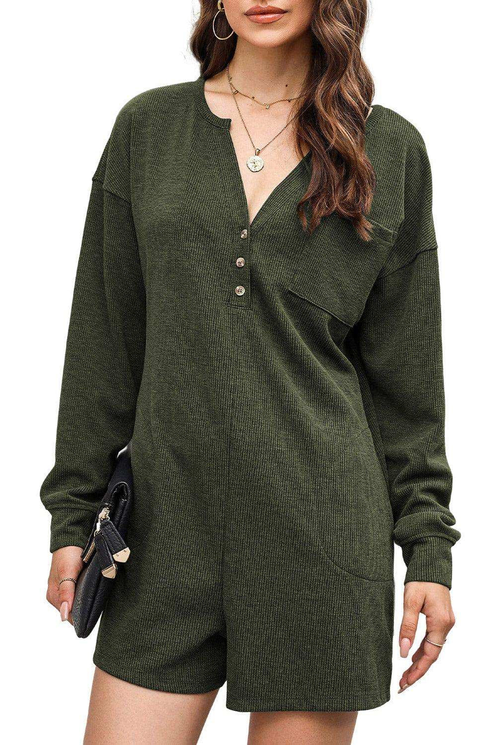 Notched Neck Long Sleeve Romper - Trendsi - Flyclothing LLC