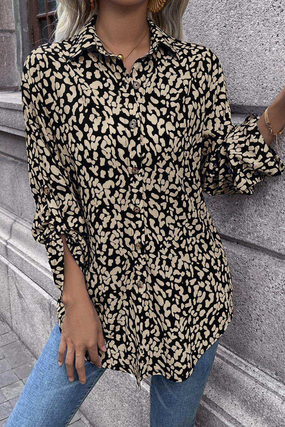 Leopard Roll-Tap Sleeve Shirt - Trendsi - Flyclothing LLC