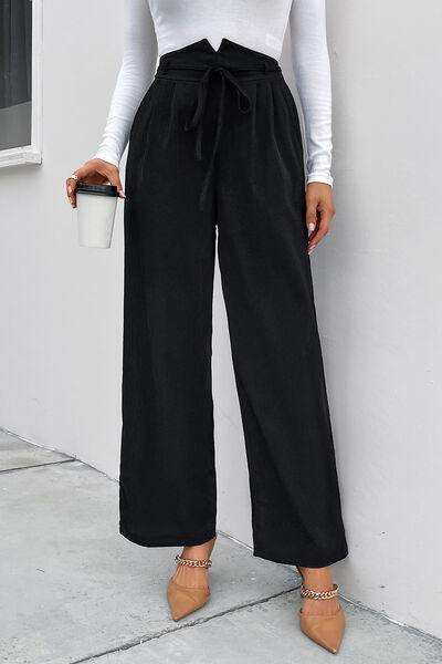 High Waist Ruched Tie Front Wide Leg Pants - Trendsi - Flyclothing LLC