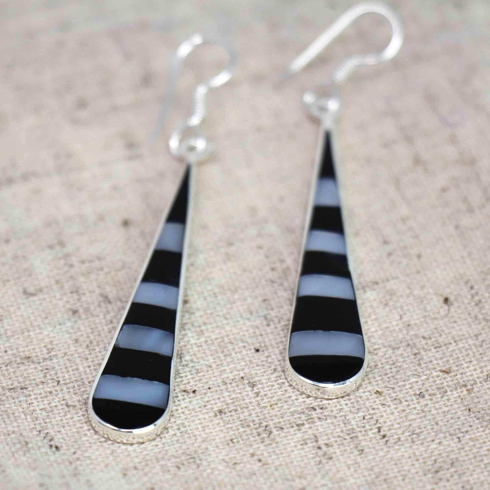Taxco Silver Black Onyz & Abalone Zebra Long Teardrop Earrings - Artisana - Flyclothing LLC