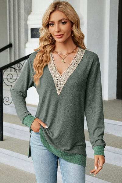 Slit V-Neck Long Sleeve T-Shirt - Trendsi - Flyclothing LLC