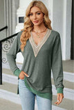 Slit V-Neck Long Sleeve T-Shirt - Trendsi - Flyclothing LLC