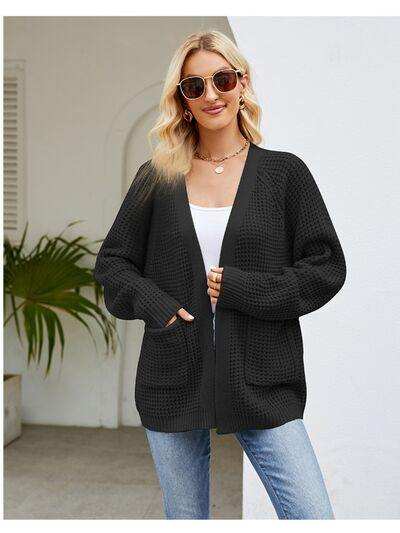 Open Front Raglan Sleeve Pocketed Cardigan - Trendsi - Flyclothing LLC