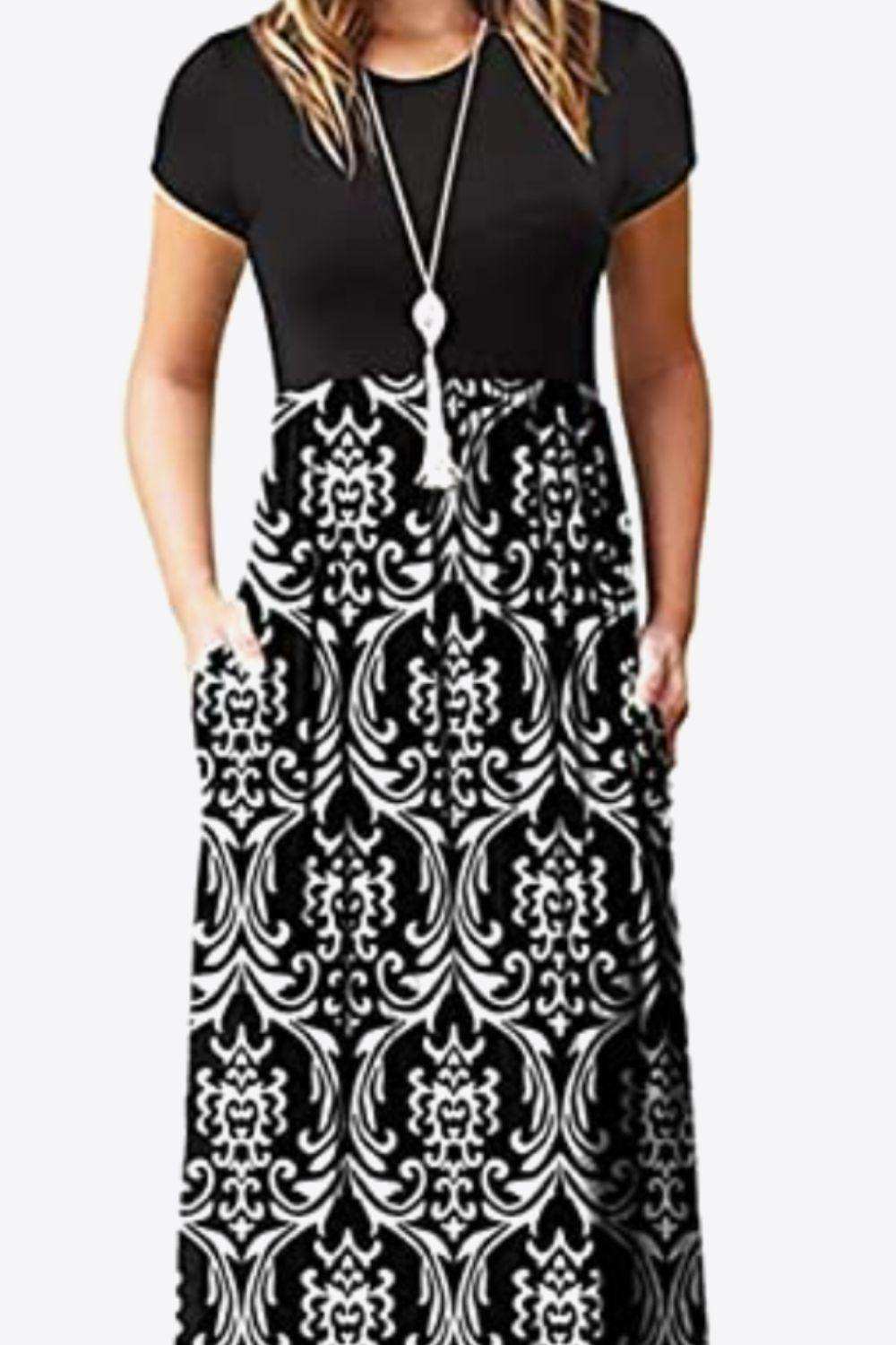 Full Size Printed Round Neck Short Sleeve Dress with Pockets - Trendsi - Flyclothing LLC