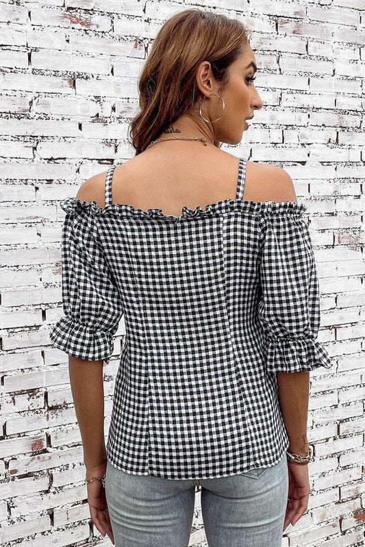 Plaid Buttoned Sweetheart Neck Cold-Shoulder Top - Trendsi - Flyclothing LLC
