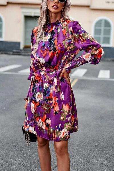 Printed Tie Waist Mock Neck Lantern Sleeve Dress - Trendsi - Flyclothing LLC
