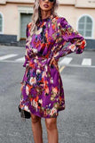 Printed Tie Waist Mock Neck Lantern Sleeve Dress - Trendsi - Flyclothing LLC