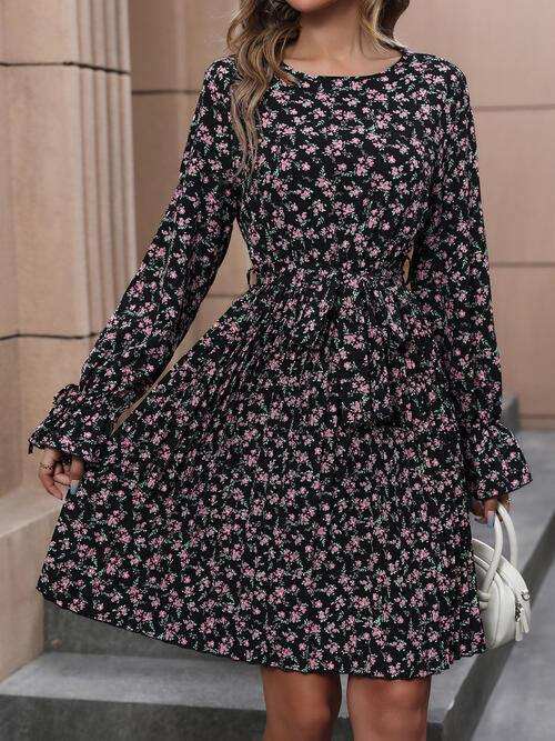 Floral Tie Front Long Sleeve Dress - Trendsi - Flyclothing LLC