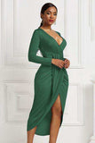 High-low Ruched Surplice Long Sleeve Dress - Trendsi - Flyclothing LLC
