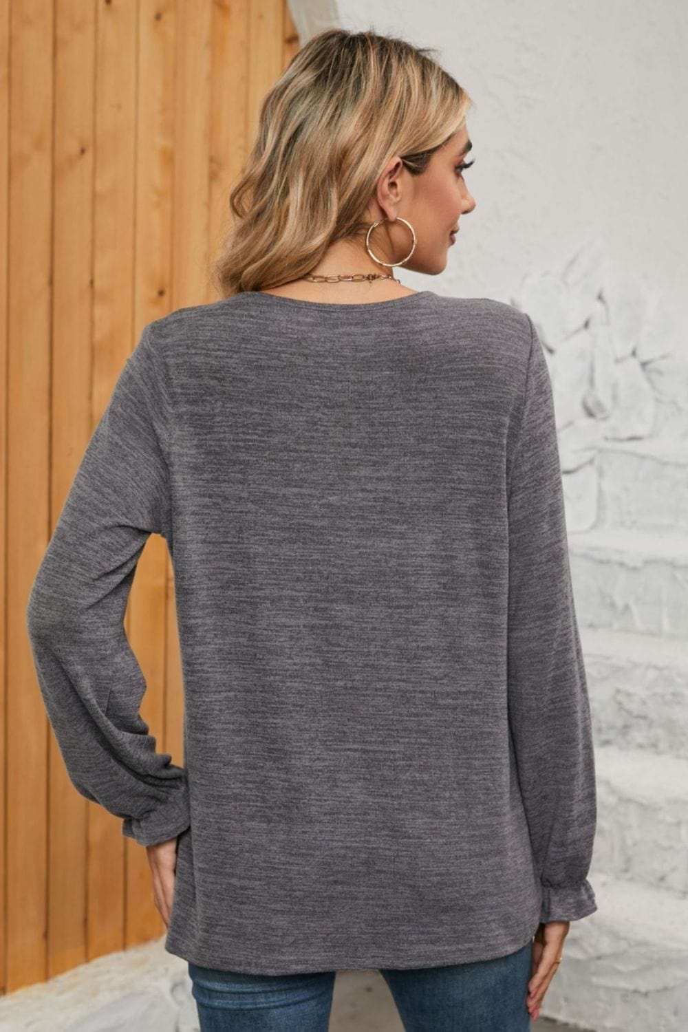 Ruched Round Neck Flounce Sleeve T-Shirt - Trendsi - Flyclothing LLC