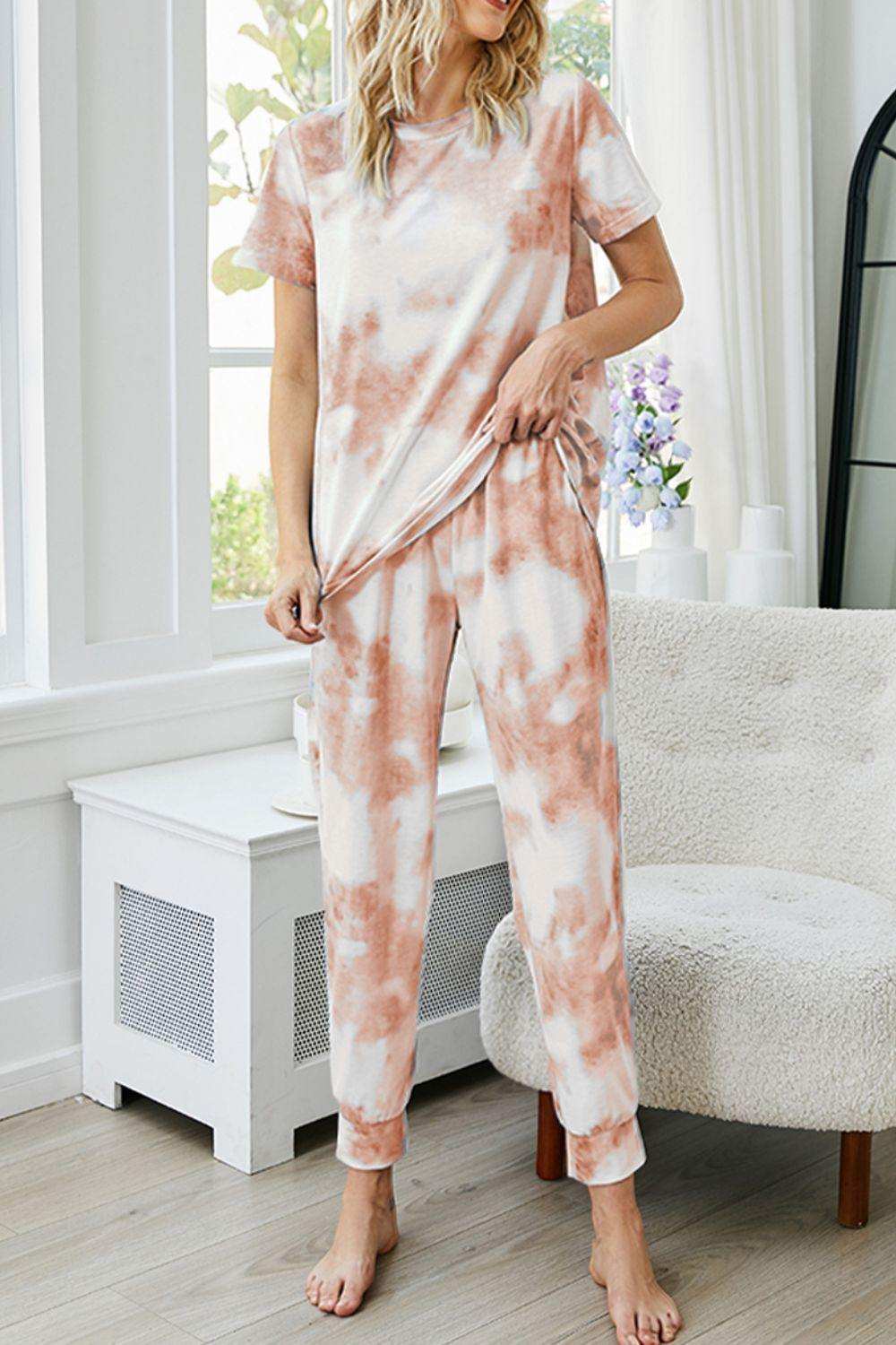 Tie-Dye Round Neck Short Sleeve Top and Pants Lounge Set - Trendsi - Flyclothing LLC
