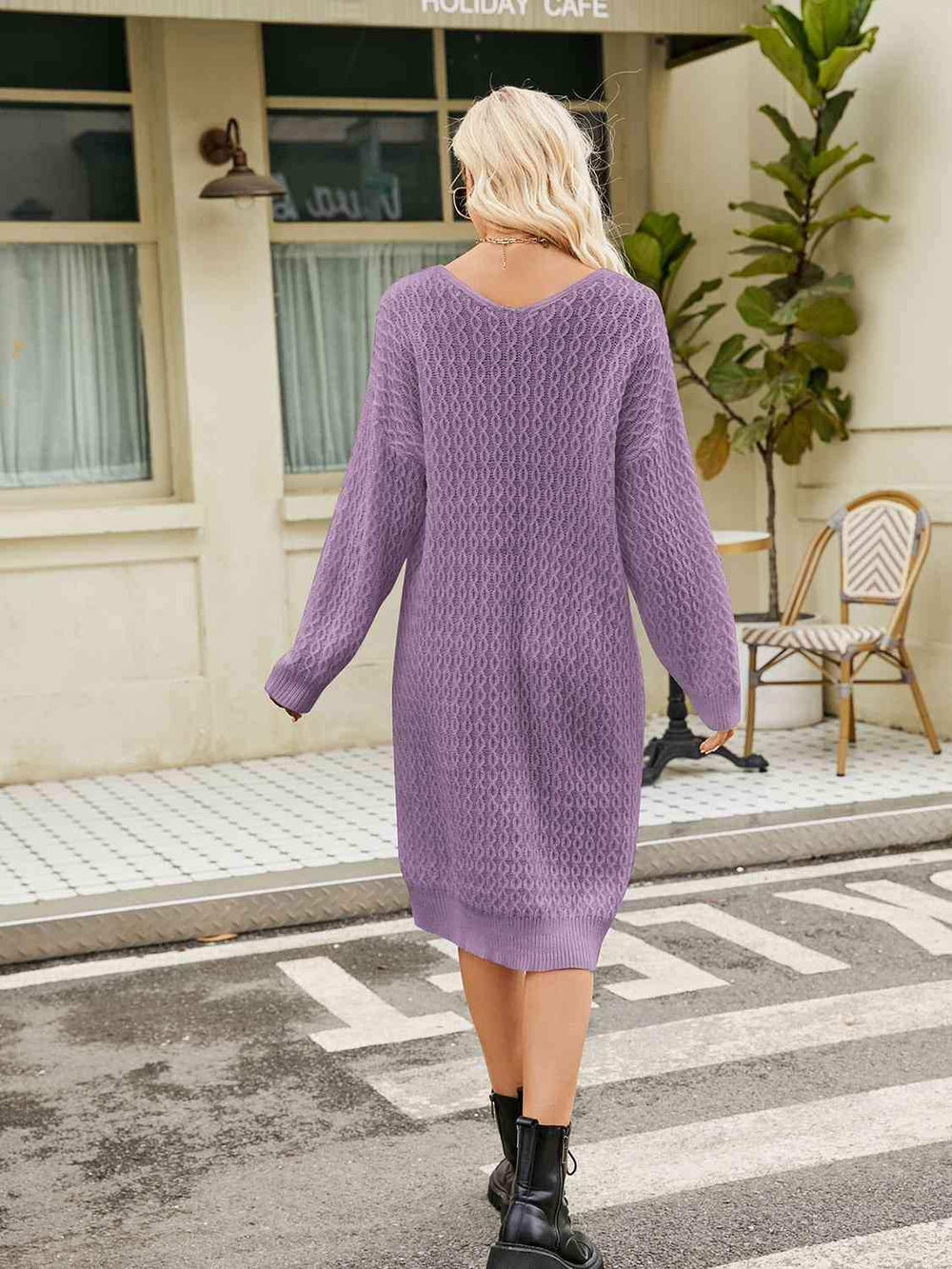 V-Neck Long Sleeve Sweater Dress - Trendsi - Flyclothing LLC