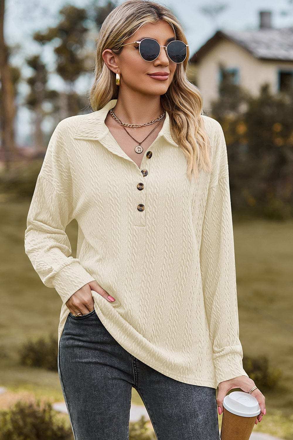 Half Button Dropped Shoulder Blouse - Trendsi - Flyclothing LLC