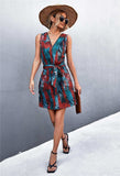 Printed Zip Detail Belted Sleeveless Dress - Trendsi - Flyclothing LLC
