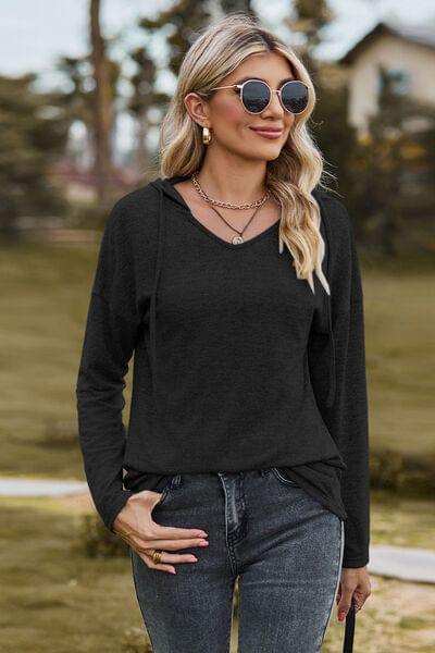 Drawstring Dropped Shoulder Hooded T-Shirt - Trendsi - Flyclothing LLC