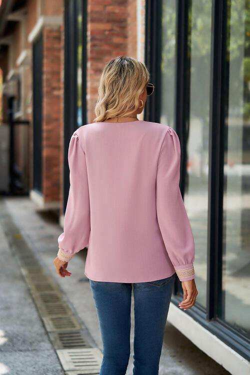 V-Neck Lace Detail Long Sleeve Top - Trendsi - Flyclothing LLC