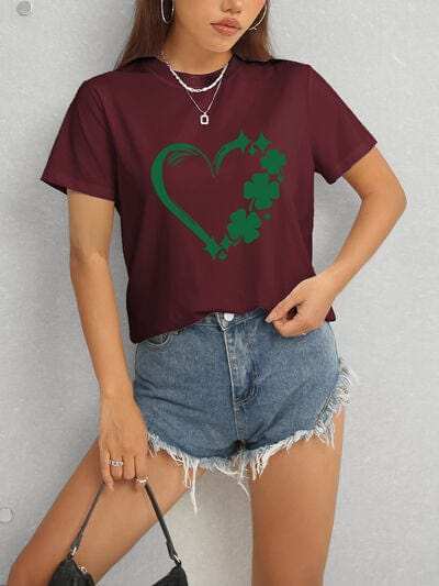 Heart Lucky Clover Round Neck Short Sleeve T-Shirt - Trendsi - Flyclothing LLC