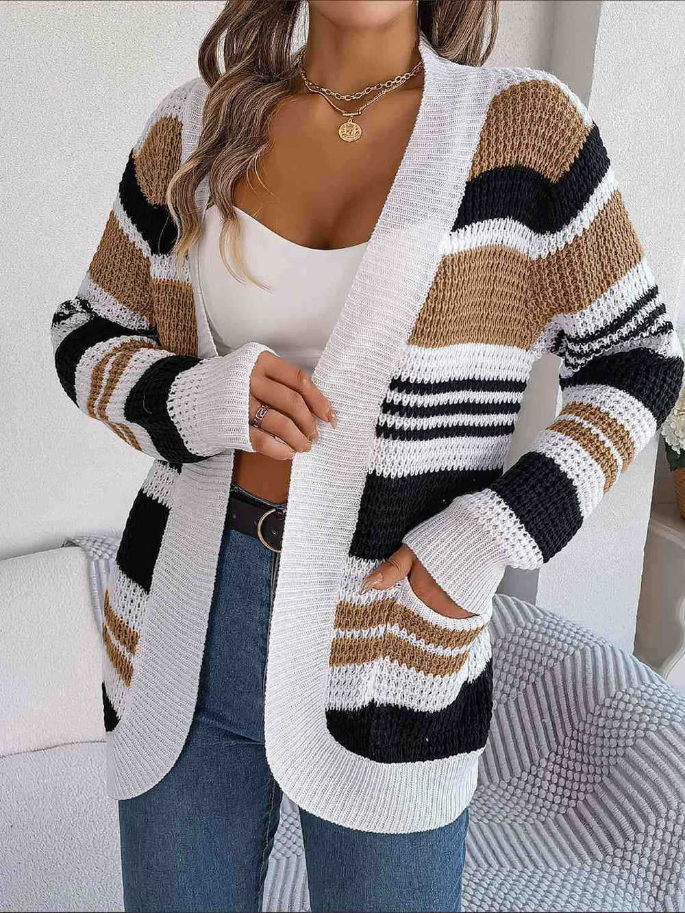 Striped Open Front Long Sleeve Cardigan - Trendsi - Flyclothing LLC