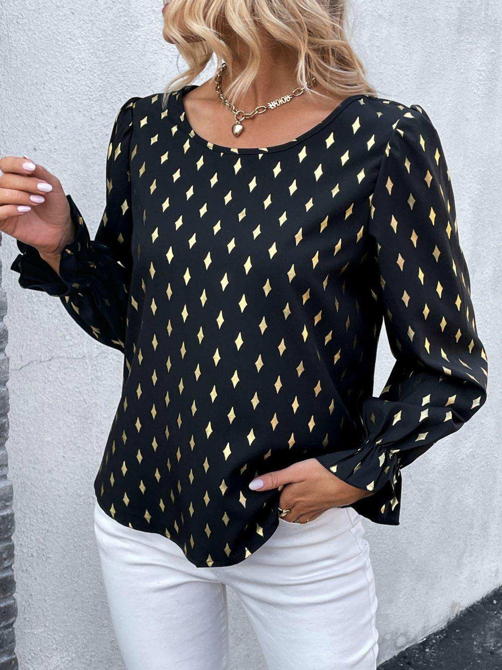 Printed Round Neck Flounce Sleeve Blouse - Trendsi - Flyclothing LLC