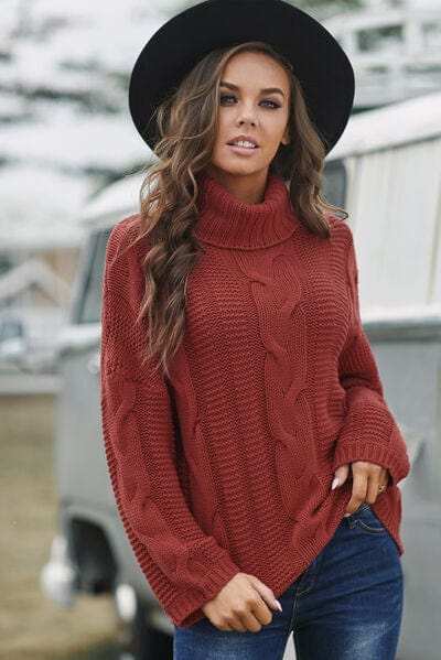 Cable-Knit Turtleneck Dropped Shoulder Sweater - Trendsi - Flyclothing LLC
