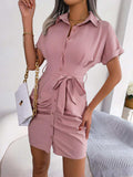 Button Down Ruched Tie Belt Dress - Trendsi - Flyclothing LLC