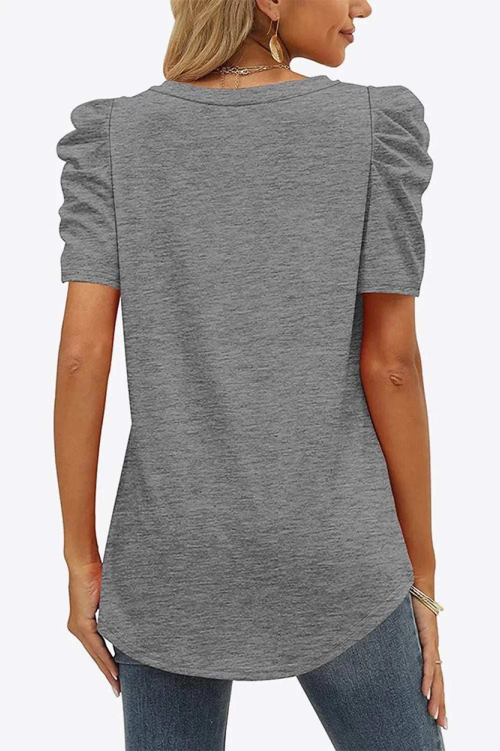 V-Neck Puff Sleeve Tee - Trendsi - Flyclothing LLC