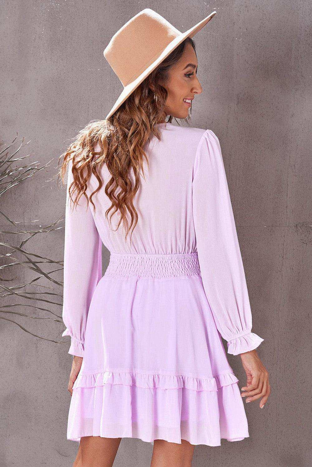 Tied Plunge Smocked Waist Flounce Sleeve Dress - Trendsi - Flyclothing LLC