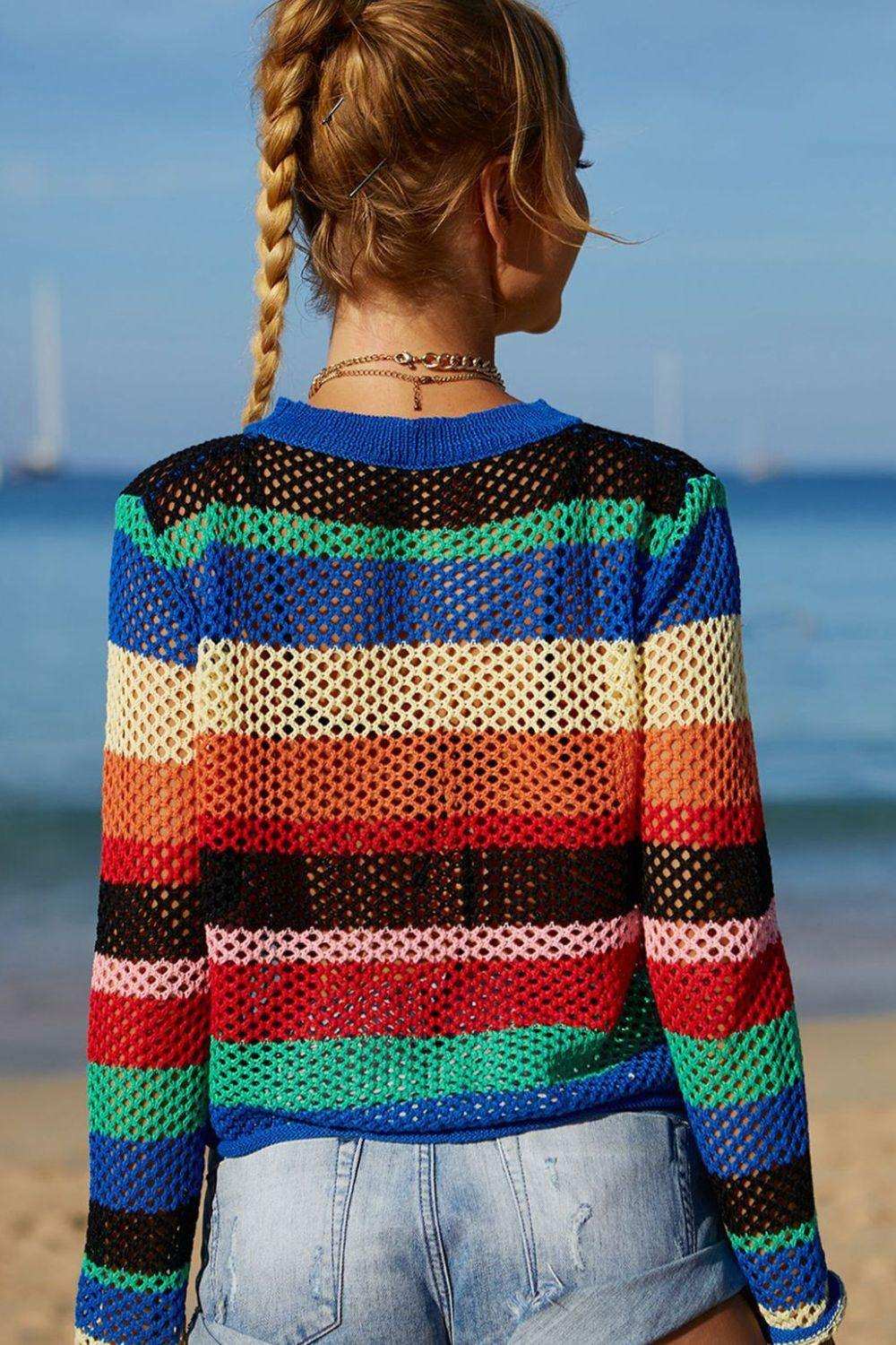 Rainbow Stripe Openwork Long Sleeve Cover-Up - Trendsi - Flyclothing LLC