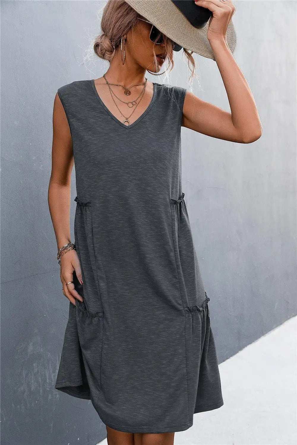V-Neck Frill Trim Sleeveless Dress - Trendsi - Flyclothing LLC