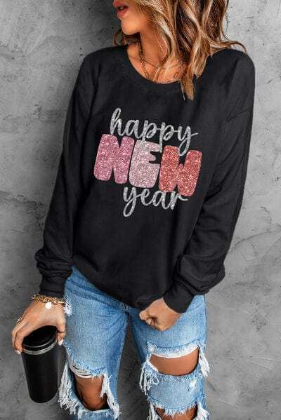 HAPPY NEW YEAR Round Neck Sweatshirt - Trendsi - Flyclothing LLC