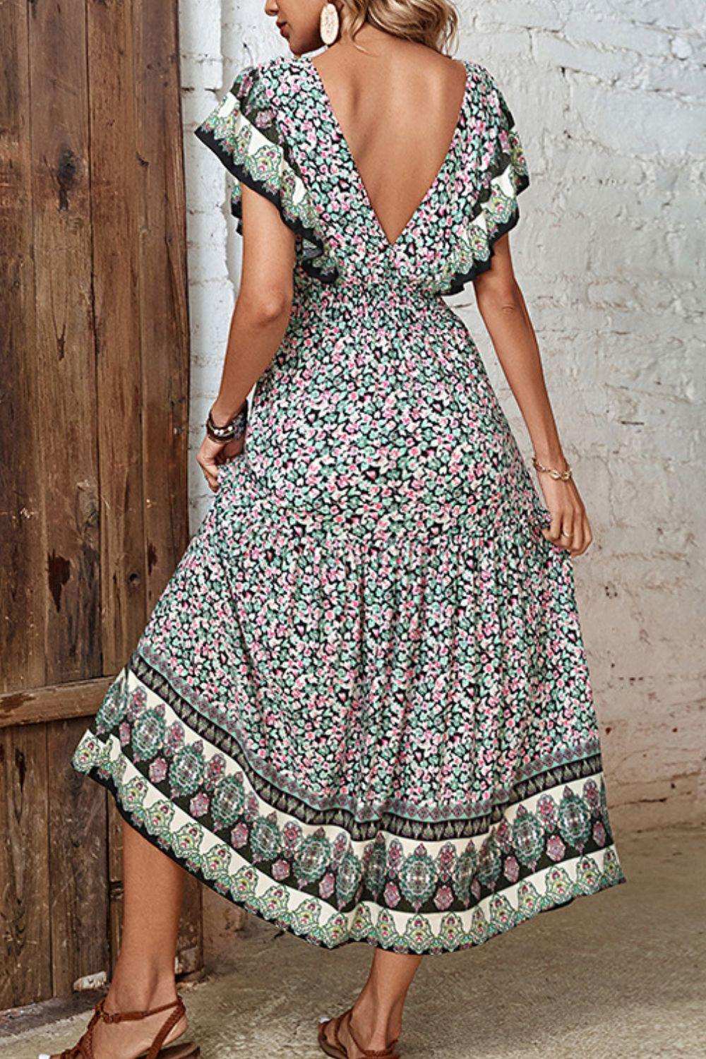 Ditsy Floral Ruffled Plunge Dress - Trendsi - Flyclothing LLC