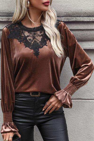 Lace Detail Round Neck Smocked Flounce Sleeve Blouse - Trendsi - Flyclothing LLC