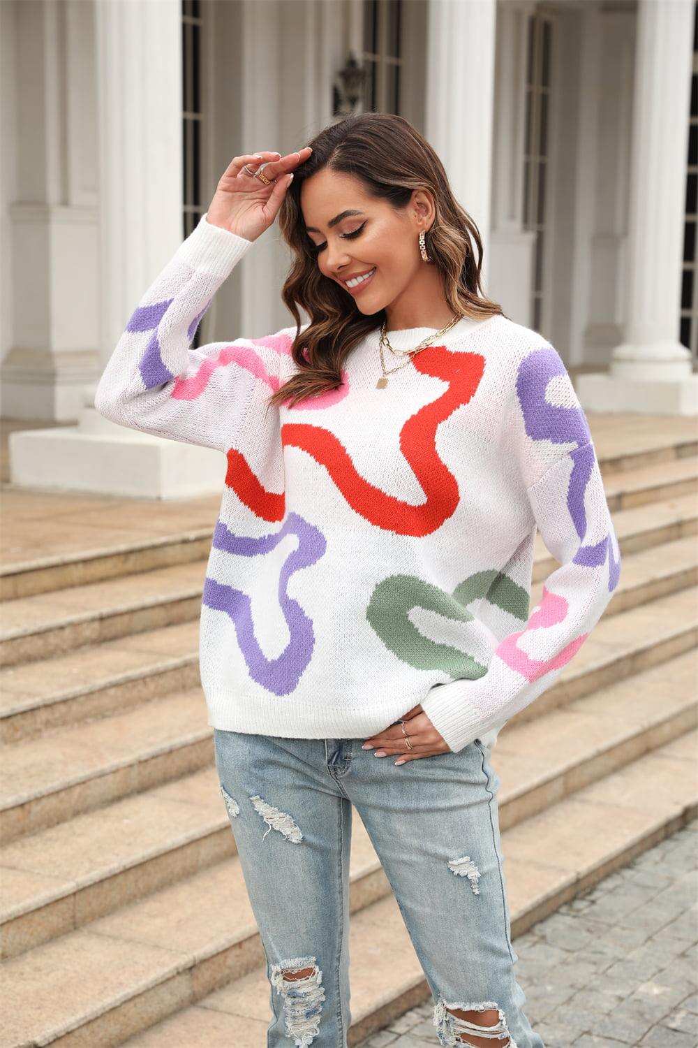 Printed Round Neck Dropped Shoulder Pullover Sweater - Trendsi - Flyclothing LLC