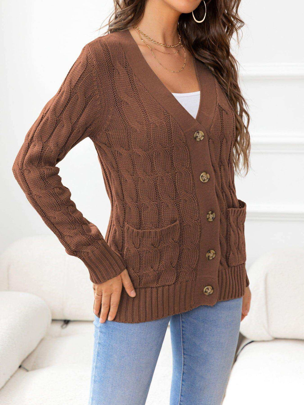 Button Down Cable-Knit Cardigan - Trendsi - Flyclothing LLC