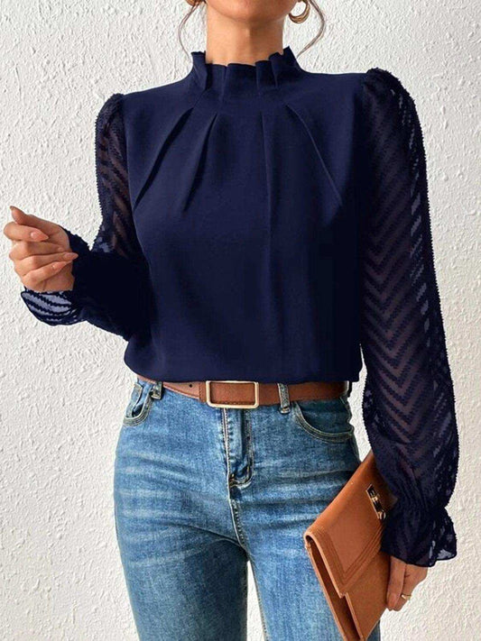 Mock Neck Flounce Sleeve Blouse - Trendsi - Flyclothing LLC